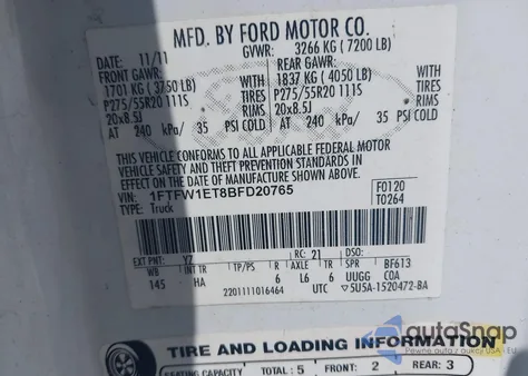 2011 Ford F-150 Lariat из США, поврежденный, VIN 1FTFW1ET8BFD20765